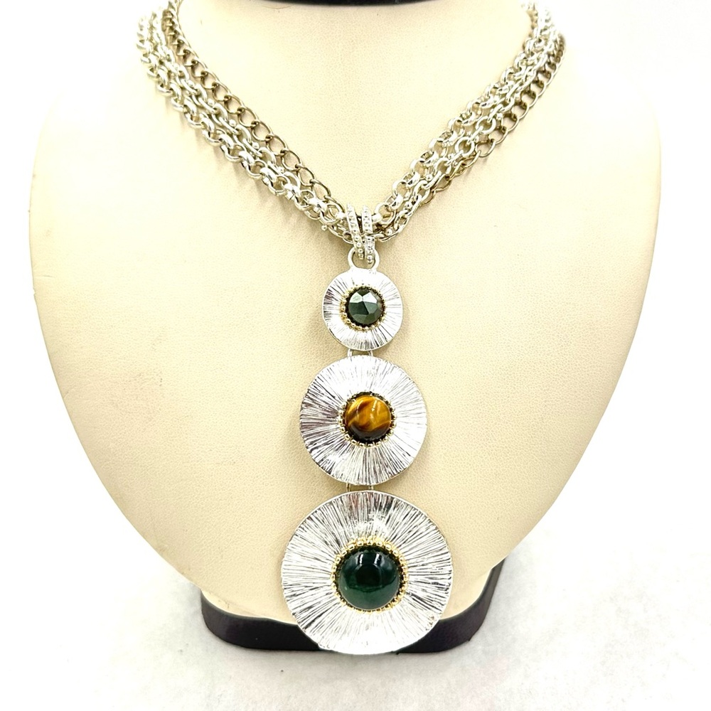 Vintage Etienne Aigner Silver Tone Gemstone Concho Disc Triple Strand Necklace